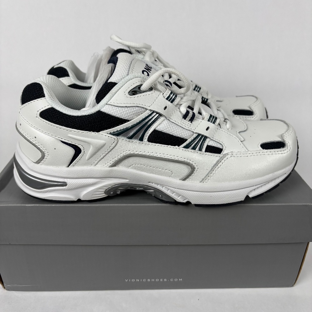 Vionic, 23M Walk Men's Sneakers, Size 8 Wide, White and Navy Blue, Leather/Mesh